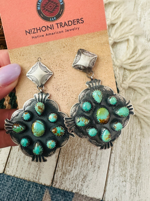 Old Pawn Navajo Sterling Silver & Turquoise Cluster Dangle Earrings
