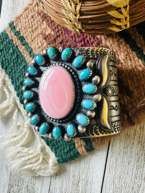 Navajo Sterling Silver, Turquoise & Queen Pink Conch Cuff Bracelet