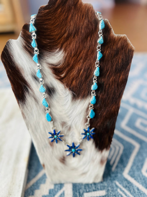 Old Pawn Zuni Sterling Silver, Turquoise & Lapis Flower Necklace and Earring Set