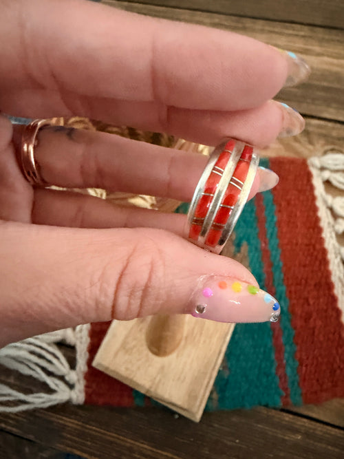 Old Pawn Handcrafted Coral & Sterling Silver Inlay Band Ring Size 11.75