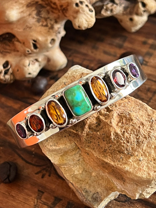 Navajo Made Sterling Silver Gems & Jewels Stacker Cuff Bracelet by Lucy Jake, Wider