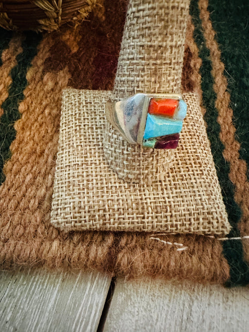 Old Pawn Handcrafted Multi Stone & Sterling Silver Inlay Ring Size 11