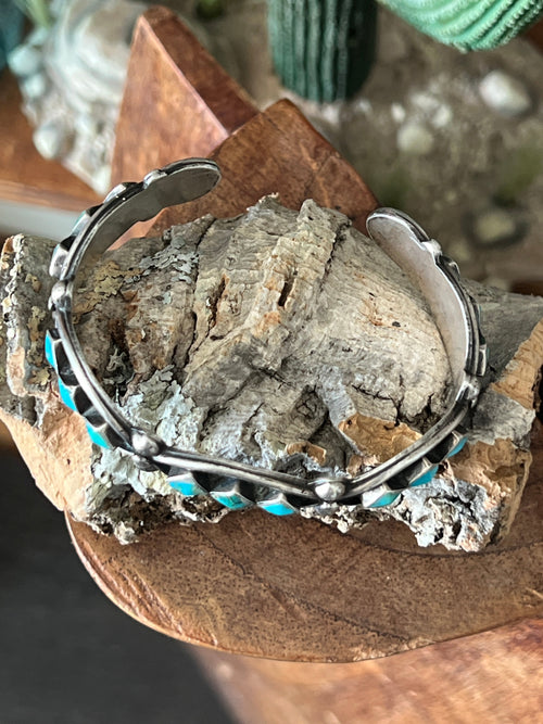 Vintage Zuni Sterling Silver and Three Diamond Turquoise Panel Stacker Cuff Bracelet