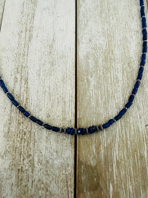 Navajo Lapis & Sterling Silver 16” Beaded Necklace
