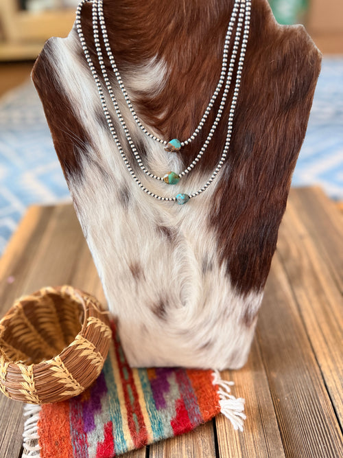 Handcrafted Turquoise & 3mm Sterling Silver Pearl Beaded Necklace