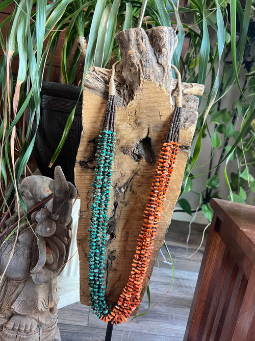 Gorgeous Santo Domingo Made Eight Strand Spiny Oyster and Turquoise Beaded Squaw Wrap Necklace by Daniel Coriz