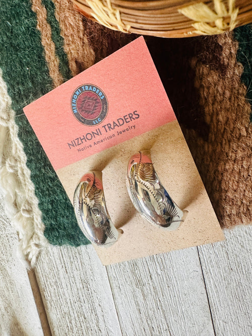 Navajo Hand Stamped Sterling Silver Hoop Earrings