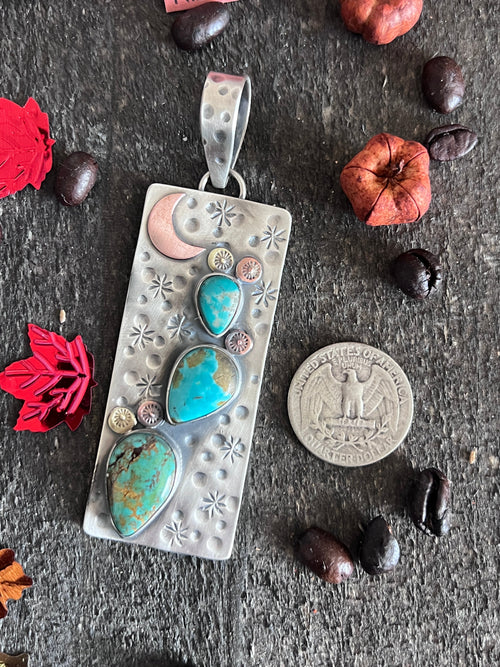 Kimari Somers Hand Stamped Sterling Silver, Copper, Brass & Kingman Turquoise Prickly Pear Cactus Moon Pendant