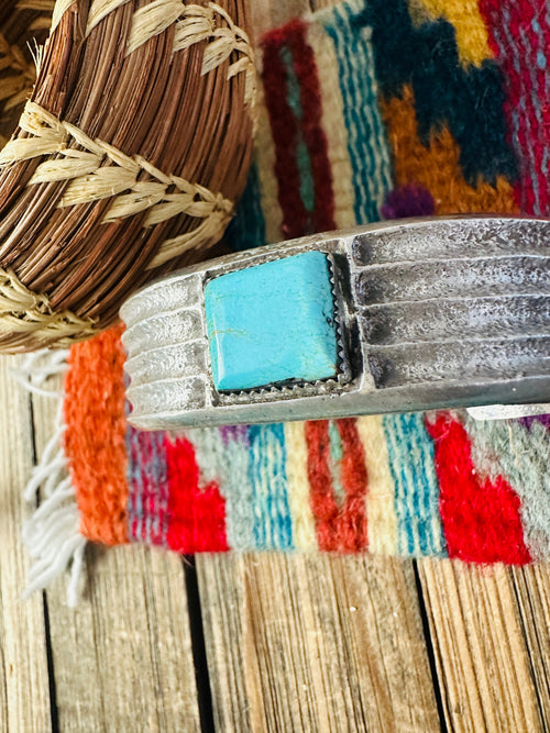 Handcrafted Old Pawn Turquoise & Sterling Silver Cuff Bracelet by Raymond Betsoi
