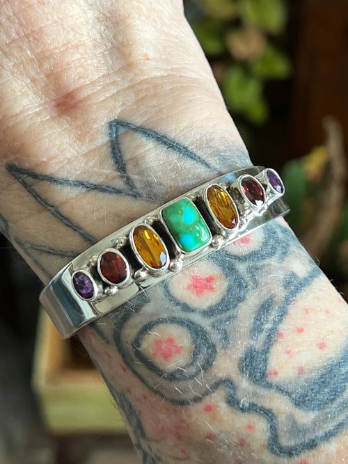 Navajo Made Sterling Silver Gems & Jewels Stacker Cuff Bracelet by Lucy Jake, Wider