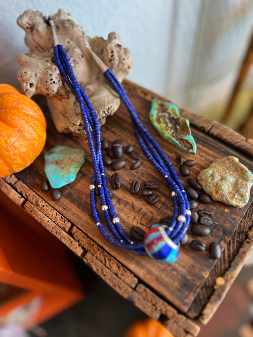 Daniel Coriz Triple Strand Lapis Beaded Necklace w/ Removable Sterling Silver & Stone Inlay Bead