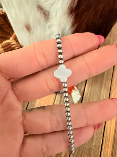 Handcrafted Mother of Pearl and Sterling Silver Pearl Quatrefoil Beaded Necklace
