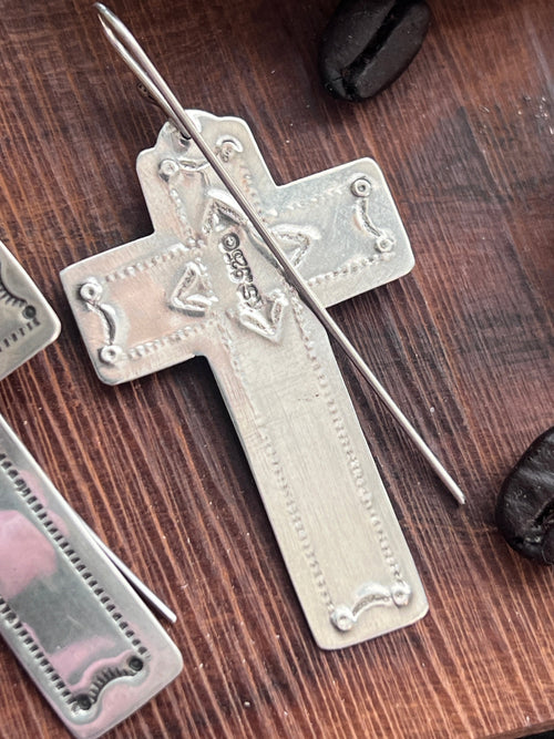 Hand Stamped Sterling Silver Cross Dangle Earrings with Turquoise by Kimari Somers
