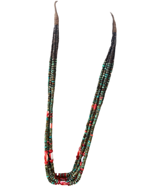 Stunning Navajo Made Five Strand Hubei Turquoise and Spiny Oyster Shell Beaded Necklace with Squaw Wrap
