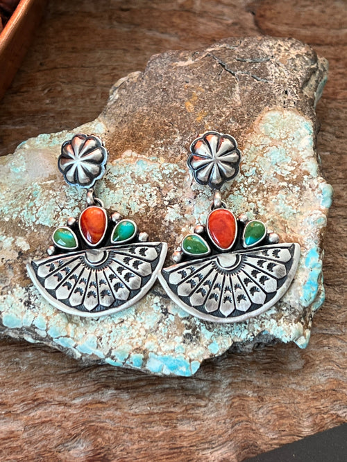 Handcrafted Beautiful Sterling Silver, Sonoran Turquoise and Spiny Oyster Shell Fruit Slice Concho Post Earrings by Loretta Delgarito