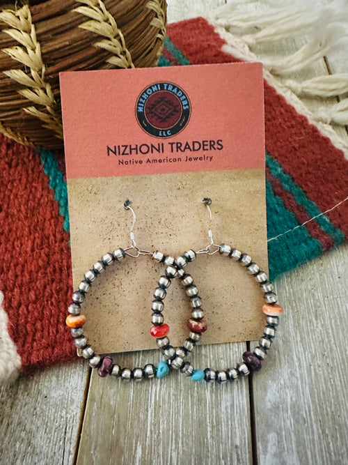 Handcrafted Spiny Oyster, Turquoise & Sterling Silver Beaded Dangle Hoop Earrings