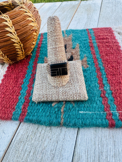 Old Pawn Handcrafted Onyx & Sterling Silver Inlay Ring Size 12