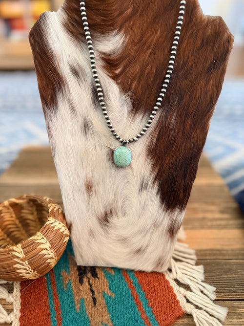 Handcrafted Turquoise & 5mm Sterling Silver Pearl 18” Beaded Necklace