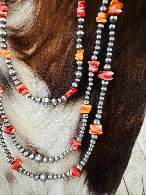 Navajo Sterling Silver & Spiny Oyster Beaded Necklace