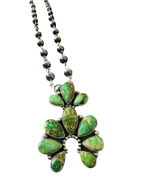 Navajo Sterling Silver & Sonoran Gold Turquoise Beaded Naja Necklace Signed