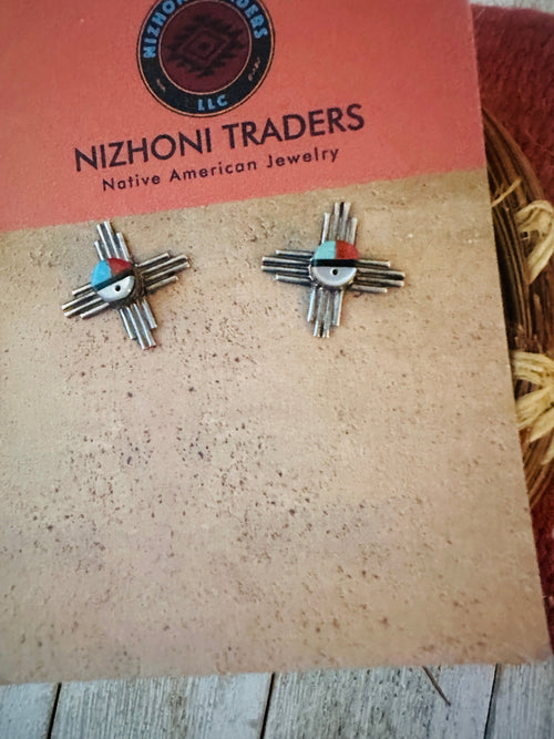 Handcrafted Old Pawn Sterling Silver & Multi Stone Sun Face Stud Earrings