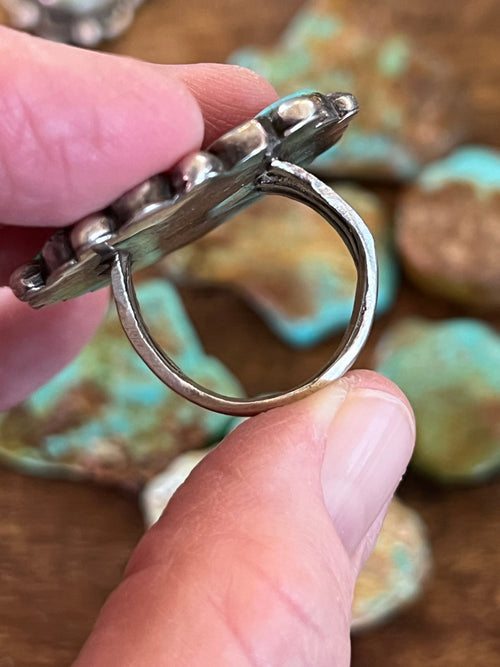 Old Pawn Unsigned Sterling Silver and Turquoise Cluster Ring, Size 8.5