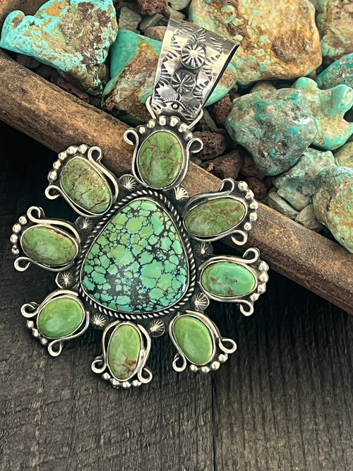 Apache Made Sterling Silver, Hubei & Egyptian Turquoise Cluster Pendant by Rosella Paxson
