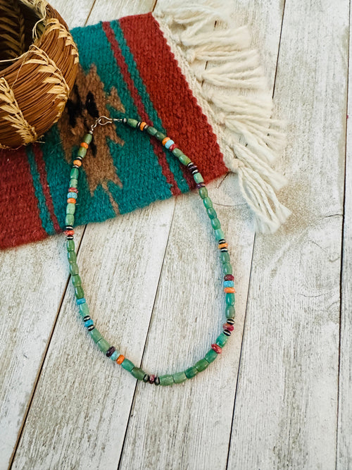 Navajo Turquoise, Spiny & Sterling Silver 16” Beaded Necklace