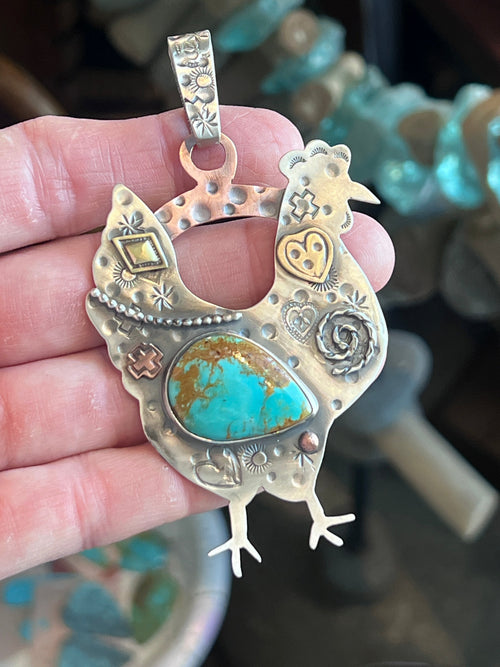 The Nizhoni Cluckers: Hand Stamped and Layered Sterling Silver, Brass, Copper & Kingman Turquoise Chicken Pendants by Kimari Somers