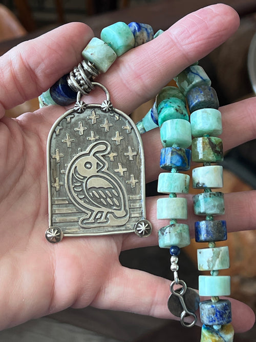 Tularosa Sterling Silver & Chrysocolla Beaded Quail Retablo Necklace