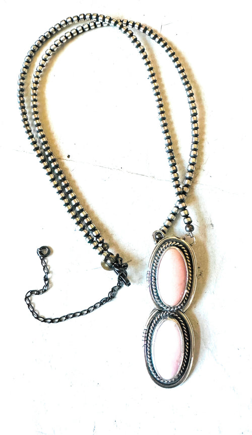 Navajo 2 Stone Queen Pink Conch & Sterling Silver Pearl Beaded Necklace