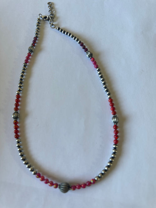 Handmade Navajo Pearl Style Sterling Silver, Red & Pink Fire Opal Beaded Necklace