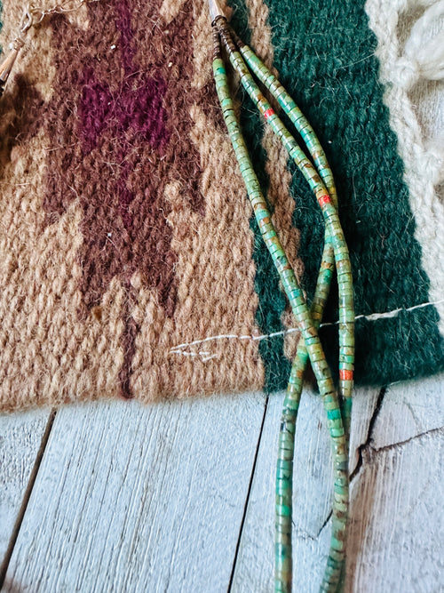 Navajo Turquoise, Coral & Heishi Triple Strand Beaded Necklace