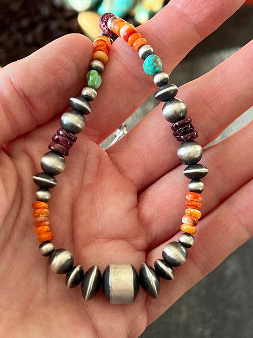 Navajo Electric Rainbow Sterling Silver, Turquoise and Spiny Oyster Single Strand Beaded Necklace by Rose Martin, 16 + 2 Inches