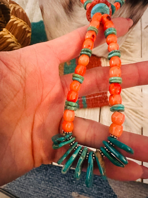 Handcrafted Spiny Oyster,  Turquoise & Sterling Silver Beaded Jacla Necklace