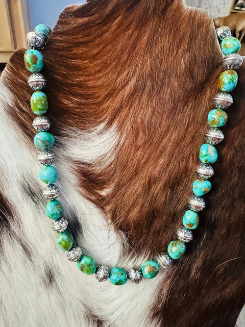 Handcrafted Sonoran Mountain Turquoise & Sterling Silver Pearl Beaded Necklace 16"