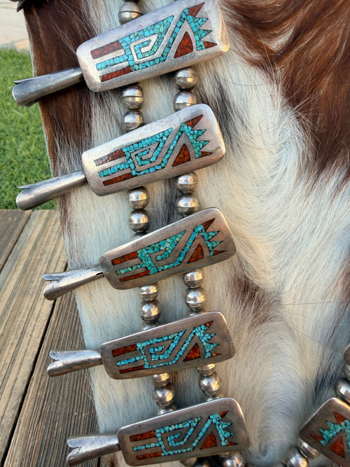 Old Pawn Handcrafted Turquoise, Coral & Sterling Silver Beaded Squash Blossom Necklace by Juan T. Singer