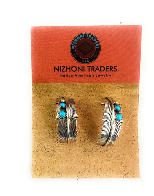 Navajo Turquoise & Sterling Silver Hoop Feather Earrings