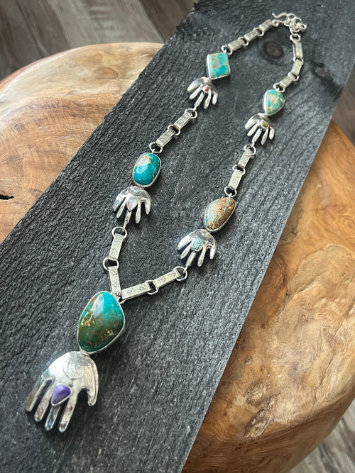 Jay Leon Coriz Handcrafted Sterling Silver and Royston Turquoise Healing Hand Station Necklace