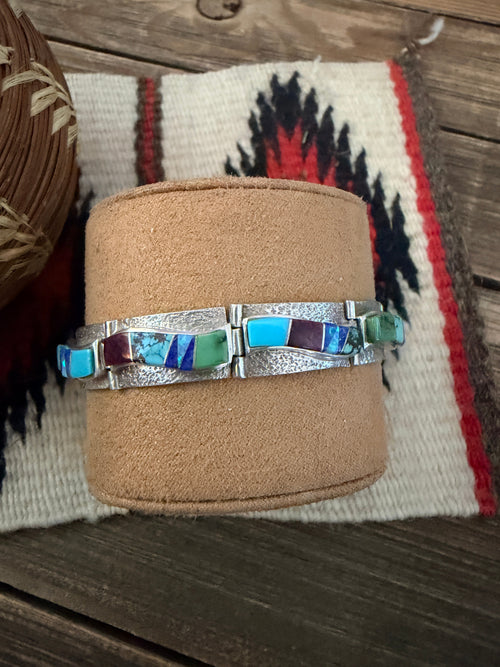 Handcrafted Old Pawn Sterling Silver & Multi Stone Inlay Link Bracelet