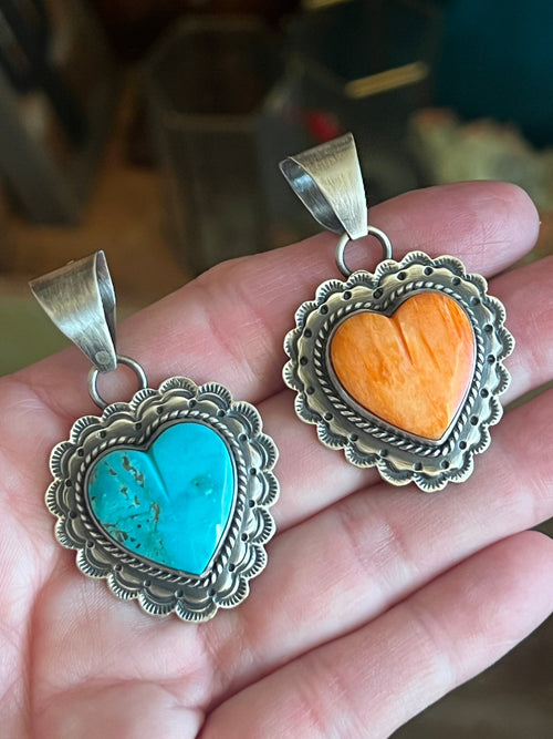 Hand Stamped Sterling Silver & Kingman Turquoise or Spiny Oyster Heart Pendants by June Delgarito