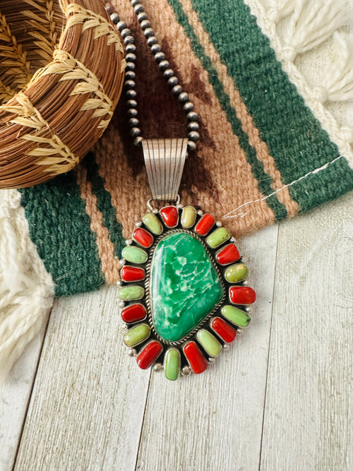 Old Pawn Vintage Navajo Multi Stone & Sterling Silver Cluster Pendant by Harley Jake