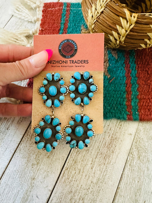 Navajo Sterling Silver & Sleeping Beauty Turquoise Cluster Dangle Earrings by Eula Wylie