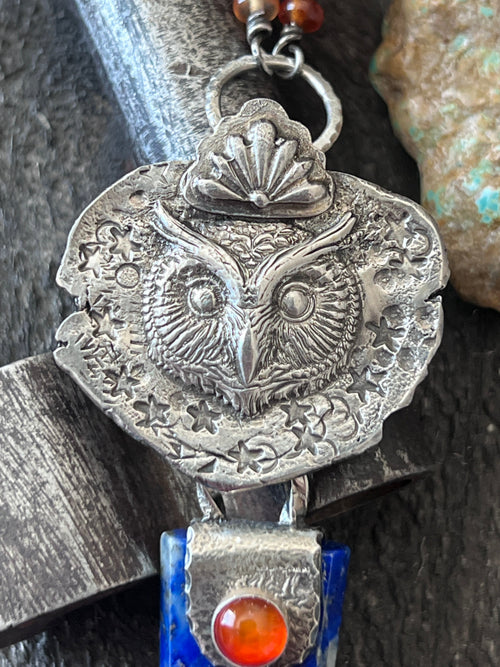 Tularosa Rosary Style Sterling Silver, Lapis Lazuli and Carnelian Ancient Owl Talisman Necklace