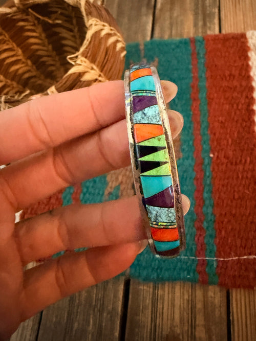 Handcrafted Old Pawn Sterling Silver & Multi Stone Inlay Cuff Bracelet