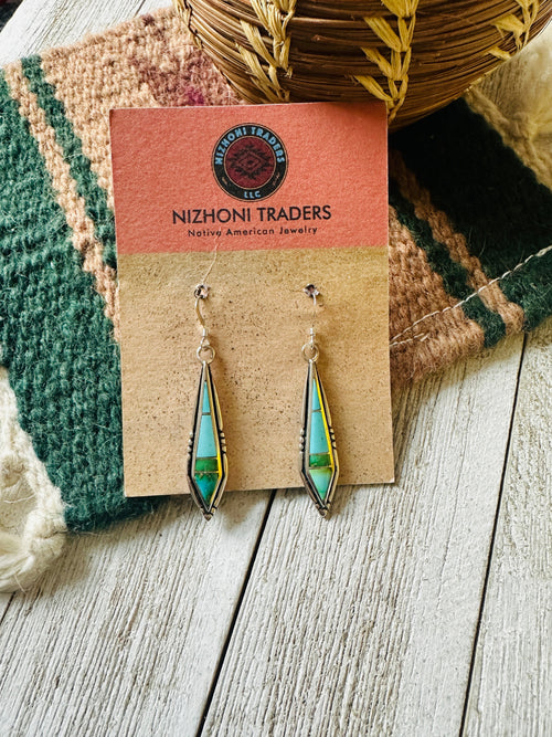 Navajo Sonoran Mountain Turquoise And Sterling Silver Inlay Dangle Earrings