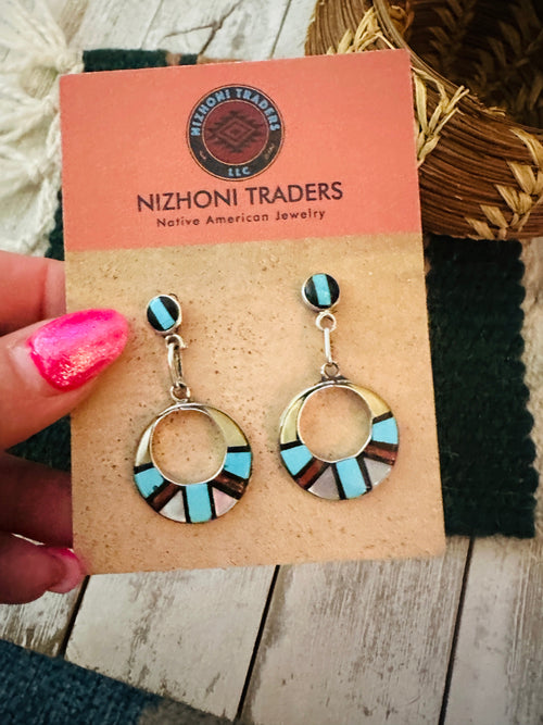 Old Pawn Zuni Multi Stone & Sterling Silver Inlay Earrings