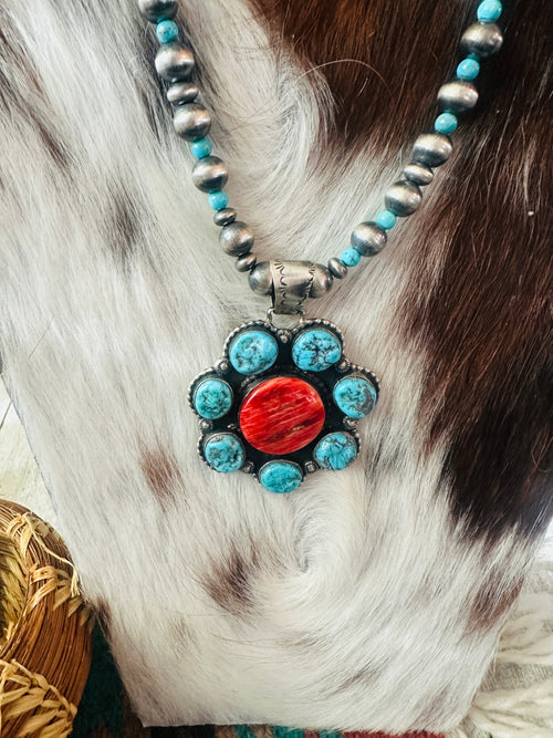 Handcrafted Turquoise, Spiny & Sterling Silver Pearl Beaded Flower Necklace 18"