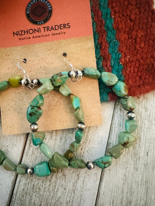 Navajo Turquoise and Sterling Silver Beaded Dangle Hoop Earrings