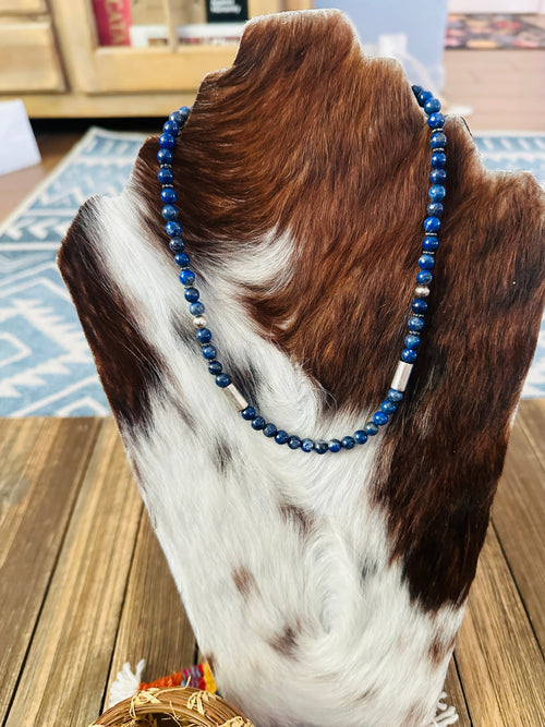 Handcrafted Lapis & Sterling Silver Beaded 18” Necklace by T & R Singer